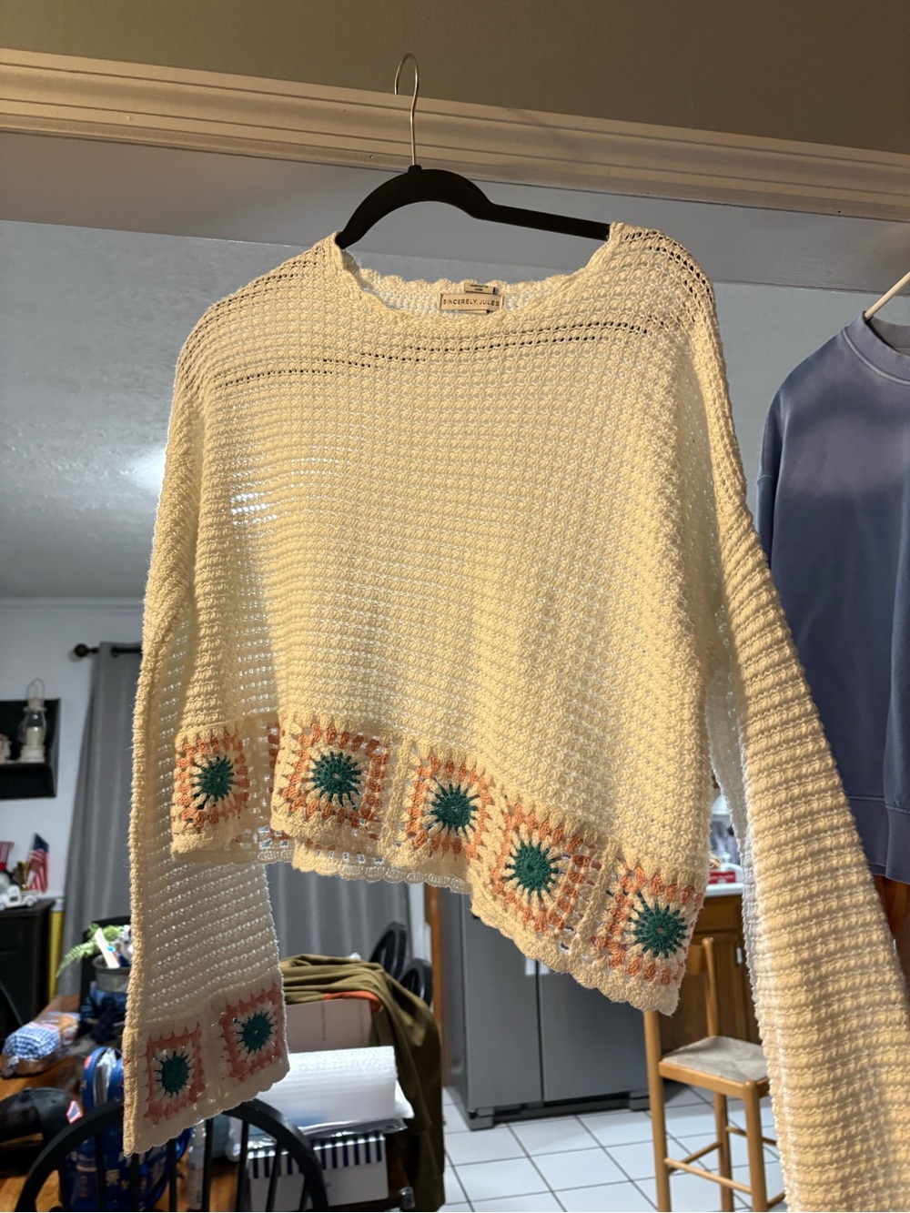 Crochet-Trim Cream Knit Sweater with Floral Motifs medium